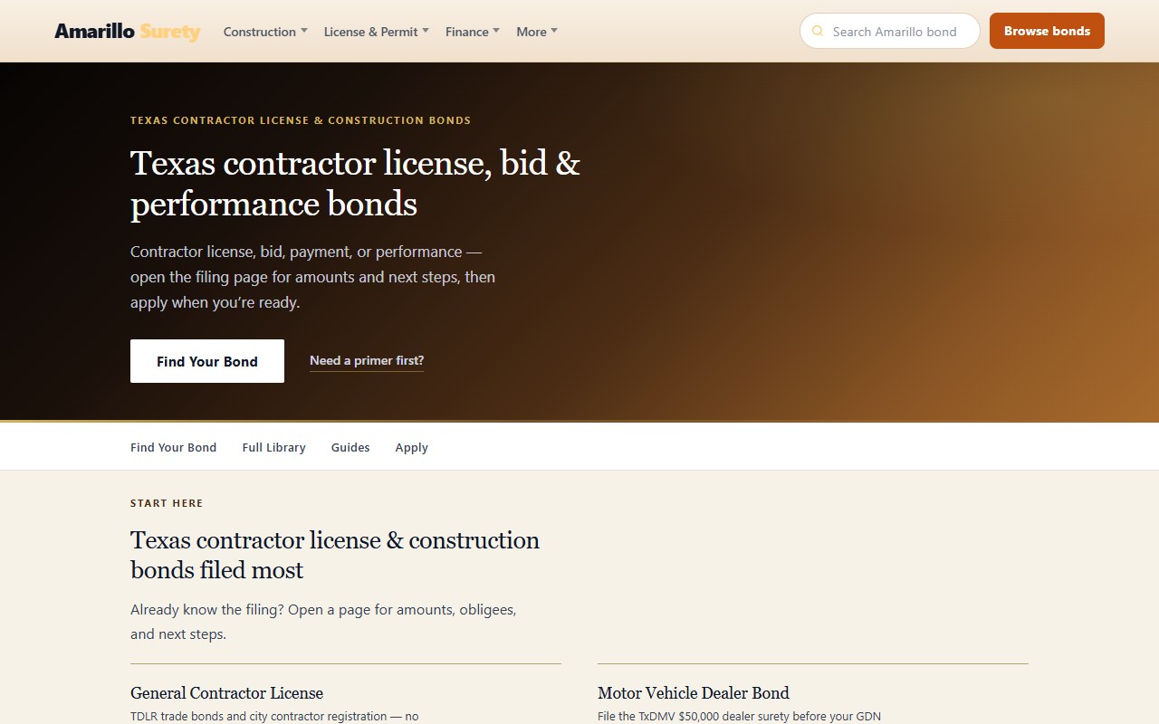 Construction bonds — Amarillo Surety — town shop