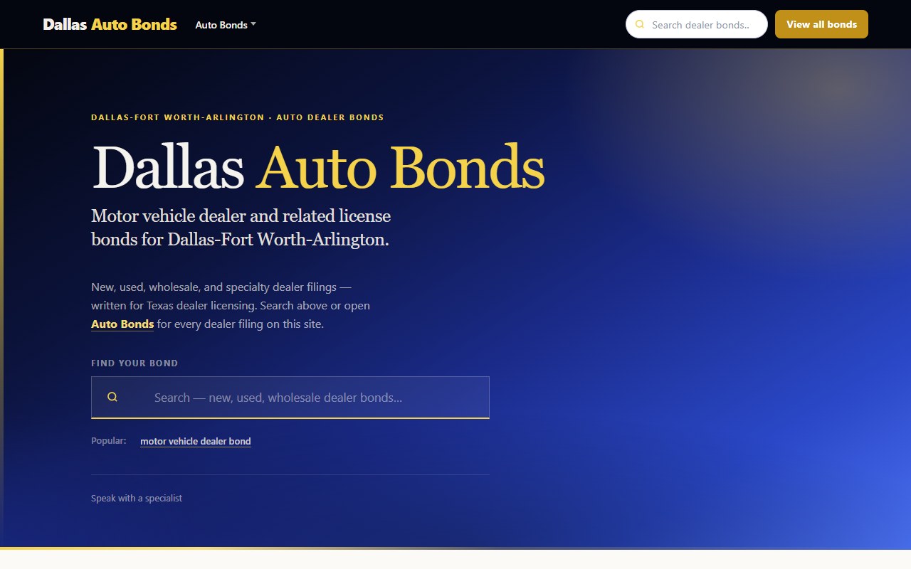 Auto dealer bonds — Five domains · Dallas metro