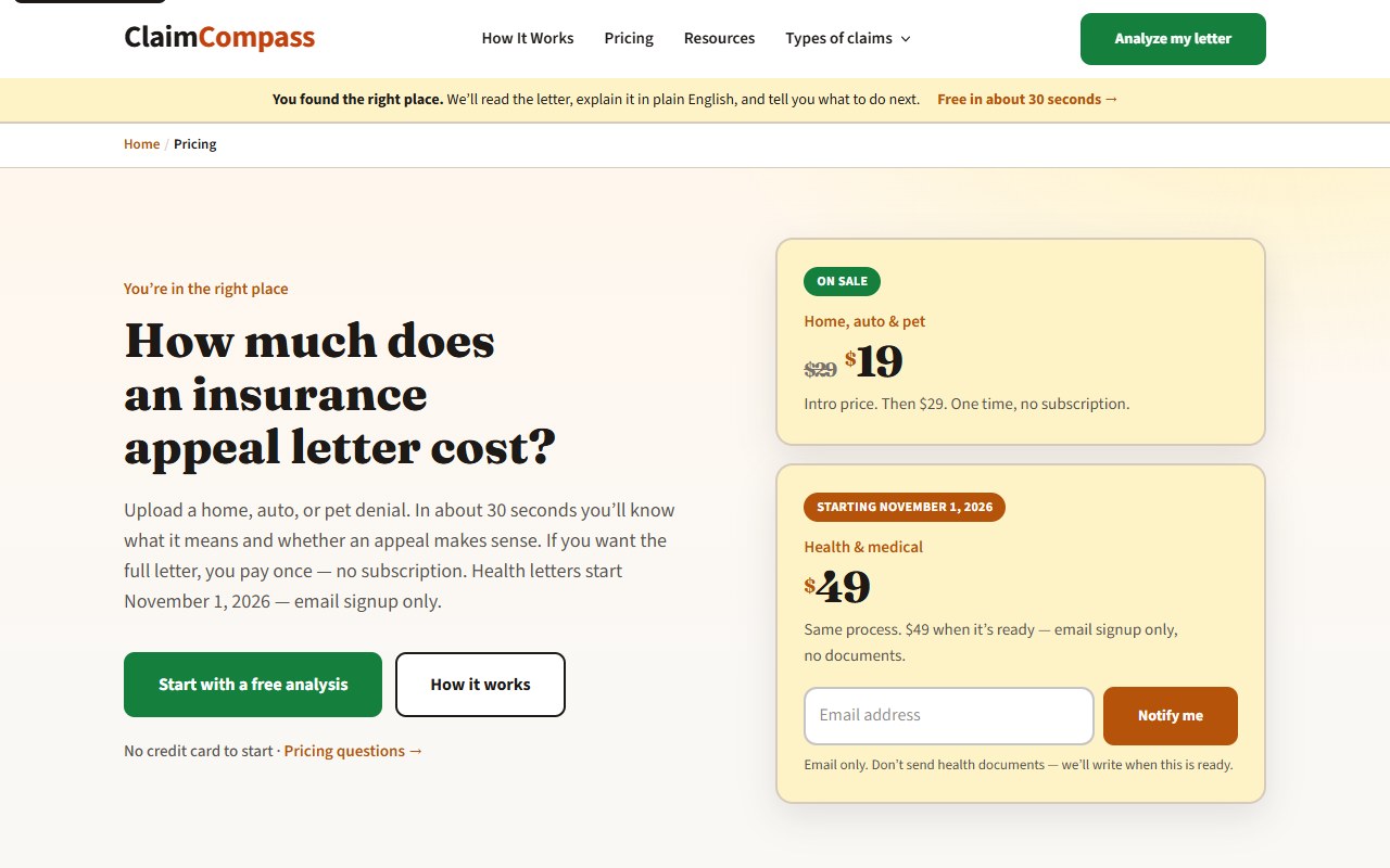 Pricing — myclaimcompass.ai