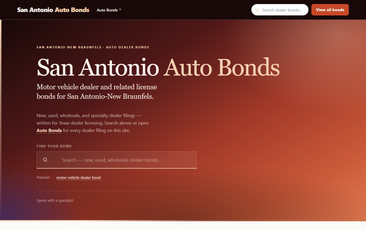 Auto dealer bonds — Four domains · San Antonio metro